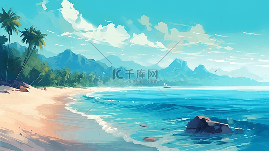 蓝色远山背景背景图片_蓝色大海海浪沙滩背景插画