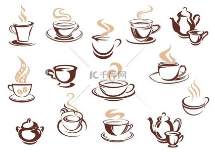 一大套棕色和白色的涂鸦素描咖啡图标，上面有各种形状的热气腾腾的杯子和咖啡杯，白色的矢量图。