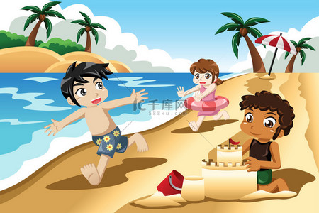 青年旅行背景图片_孩子们在海滩上玩