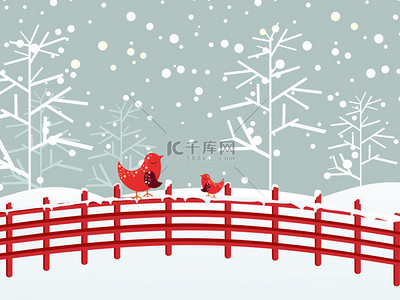 锌钢围栏背景图片_小鸟坐在围栏与雪落背景