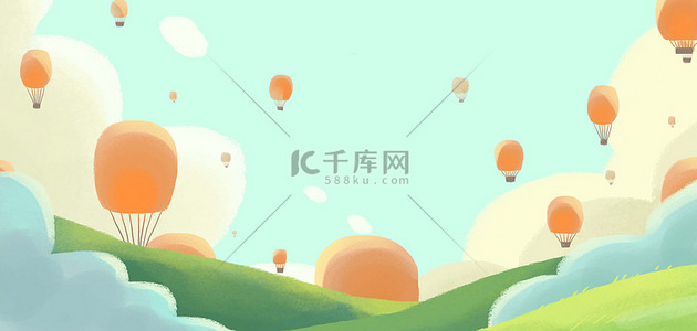 清新绿色素材背景图片_春天海报草地热气球