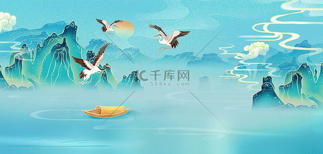 鹤背景图片_古典山蓝色中国风背景