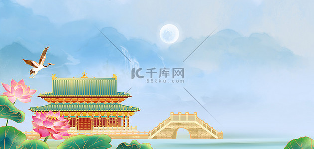 中式桥背景图片_国潮建筑中式中国风