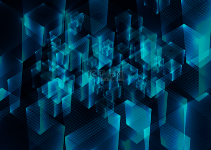 蓝色科技感商务背景图片_立方体立体六面体发光抽象背景
