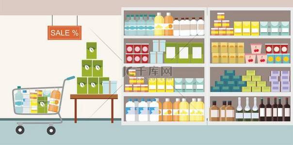 超市买菜背景图片_超市内饰与商品产品货架和购物车