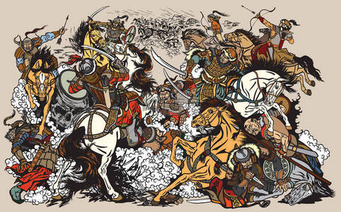 远古时期的部落背景图片_蒙古部族和部落之间的争斗。成吉思汗时代。中世纪的亚洲骑兵战士用剑和游牧民族射箭射击弓和箭。.图形样式矢量插图