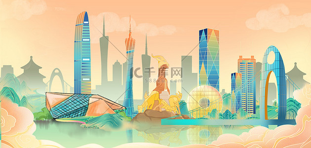 广州月饼背景图片_广州城市地标国潮中国风海报背景