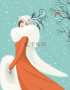 圣诞红鸟背景图片_红色大衣的女人