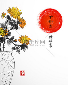 菊花花背景图片_ 日本花瓶与菊花花 
