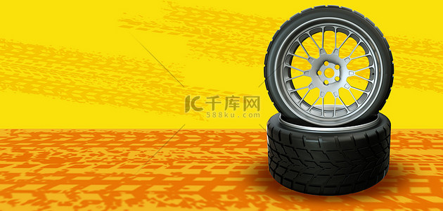 黄色活动促销背景图片_轮胎车印黄色简约背景