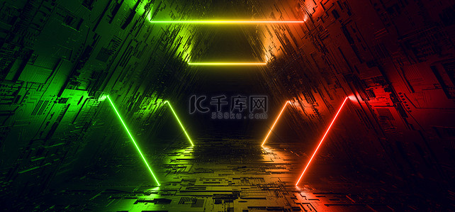 futuristic背景图片_Sci Fi Futuristic Schematic Textured Tunnel Corridor Alien Spacship Cyberpunk Orange Green Glowing laser Neon Vibrant Cyber Background Virtual Reality 3D渲染示例