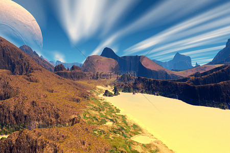 宇宙岩石背景图片_3d 渲染的幻想外星人的星球。岩石和月亮