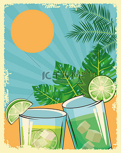 鸡尾酒柠檬背景图片_热带树叶上的柠檬片鸡尾酒和复古风格的背景