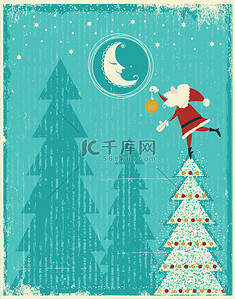 圣诞卡片背景图片_与圣诞老人和尼斯 moon.vector 投标 ca 的复古圣诞卡片。