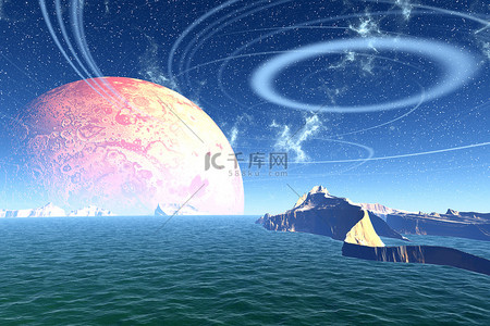 宇宙岩石背景图片_外星人的星球。湖、 岩石和月亮