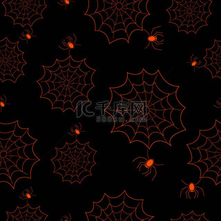 万圣节与 web 和蜘蛛在黑色背景上的无缝模式