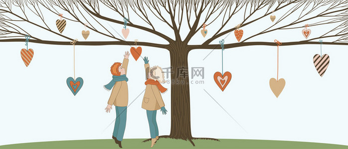 outdoors背景图片_Boy and girl under Love tree with hanging hearts