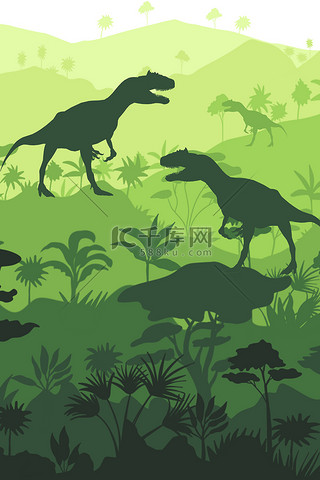 原始森林背景图片_恐龙各种形象绿色卡通