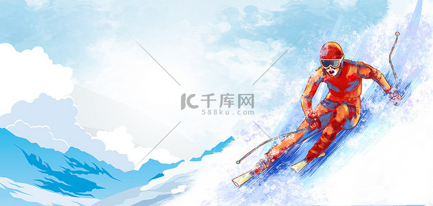 体育背景简约背景图片_冬季运动会运动员滑雪简约海报背景