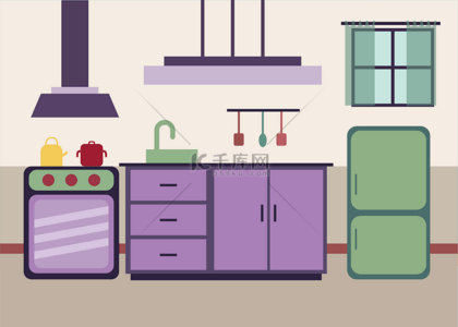 家具矢量图形背景图片_现代简约厨房内部平面插画