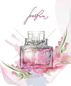 美丽的香水瓶与绽放美丽的粉红色花朵。矢量模板.