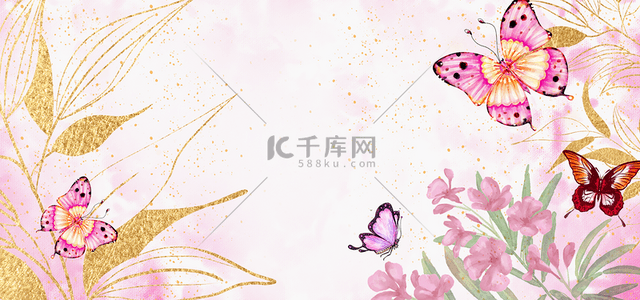 粉色花瓣渐变背景图片_蝴蝶花卉粉色植物水彩背景