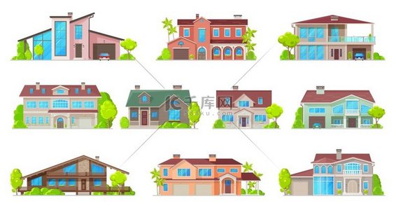 房地产房子矢量图标与独立的住宅建筑。