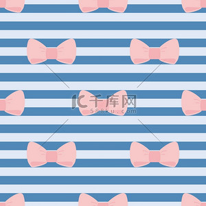 无缝的矢量花纹带淡粉红蝴蝶结上水手海军蓝色瓷砖条纹背景。桌面壁纸和时尚网站设计