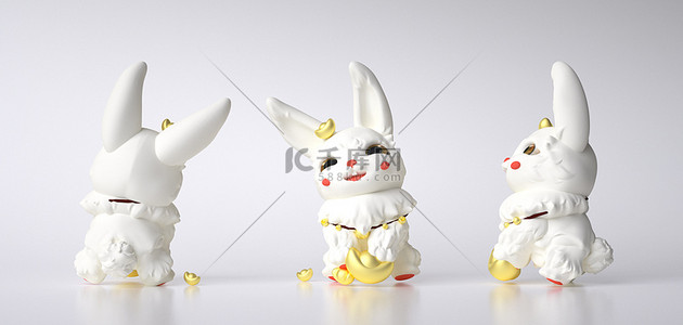 白兔背景图片_立体角色三视图兔子IP
