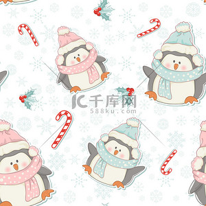 卡通圣诞雪背景图片_可爱圣诞企鹅无缝模式