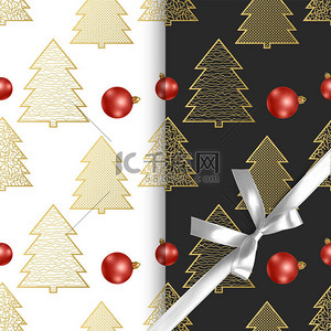 无缝的圣诞图案与圣诞树和圣诞球，两个不同的模式与黑色和白色的背景