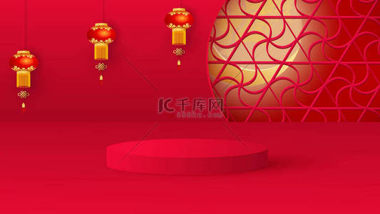 一个带有红色圆柱形讲台和中国灯笼的简约舞台。产品展示的舞台，展示。B.病媒
