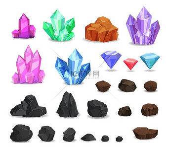 一组彩色水晶和矿物、珍贵和半珍贵钻石、天然岩石和重石矢量。