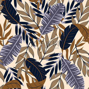 beige背景图片_Original abstract seamless pattern with tropical leaves and bright plants on beige background. The seal of the jungle. Vector design. On a floral background. Textiles and printing. Exotic, tropical.