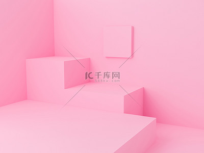 极小背景图片_3D渲染粉红色抽象几何背景或纹理的内部，用于显示和网站。 屏风墙角场景与讲台和相框极小. 立方基座模板设计。 艺术室.