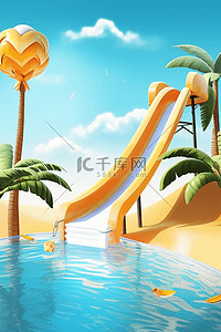 立体泳池背景图片_3D立体夏天夏季泳池滑梯
