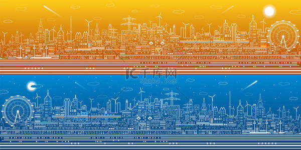 摩天轮城市背景图片_白天和黑夜城市全景，城镇基础设施图、 摩天轮、 现代的天际线，蓝色背景，矢量设计艺术上的白线 
