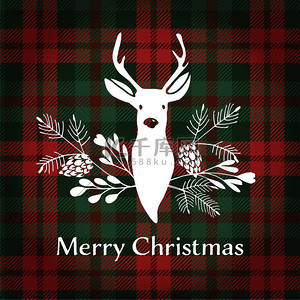 快乐圣诞贺卡。与圣诞节花束的驯鹿。格子格子格子，矢量.