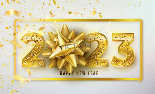 border背景图片_2023 Happy New Year vector background with golden gift bow, confetti, shiny glitter gold numbers and border. Christmas celebrate design. Festive premium concept template for holiday.