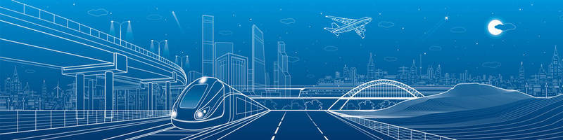 蓝色飞机背景图片_汽车公路、 基础设施和运输的全景图，飞机飞行，火车桥、 油库、 晚市、 塔和摩天大楼，城市场景，矢量设计艺术的两个机车前进