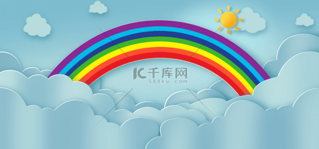 天气海报模板背景图片_白云彩虹剪纸风格抽象背景