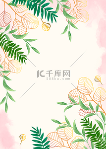 粉色底纹叶片金色线稿植物背景