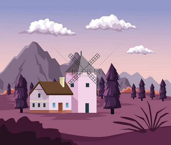 黎明背景图片_多彩的背景与黎明风景的田野山和房子与风车