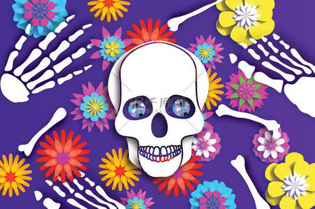 埃尔背景图片_死亡之日。为墨西哥庆祝的剪纸头骨。墨西哥传统骨架。蓝色钻石眼睛。紫色的穆埃尔托斯。折纸 cempasuchil 花。骨头。向量