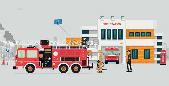 车站建筑背景图片_消防站的消防员 