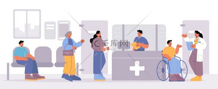 患者角色在医院走廊与接待处等待医生预约。