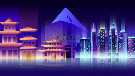 icon风格背景图片_日本城市夜晚霓虹灯风格建筑镇国家旅行