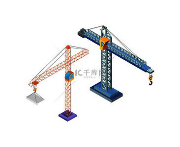 起重机工业机器，带吊钩的钢塔，用于提升块图标矢量。