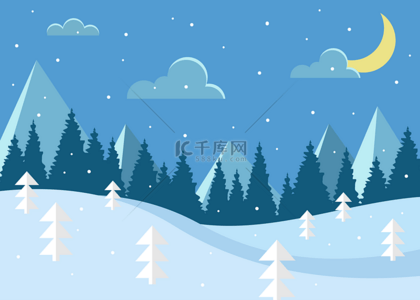 蓝色扁平风格背景图片_冬季森林夜景扁平风格圣诞节背景