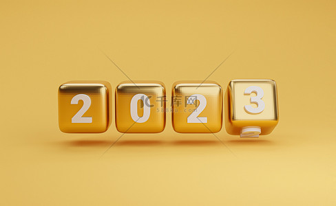 2022年3背景图片_在黄色背景下，金立方体在2022年至2023年之间翻转变化，以准备快乐的新年，快乐的圣诞，并以现实的3D方式开创新的商业理念.